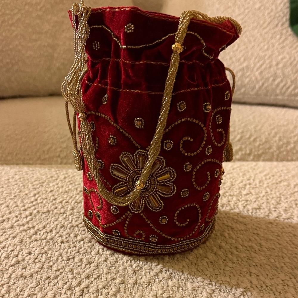 Embroidered Red Velvet Drawstring Bag